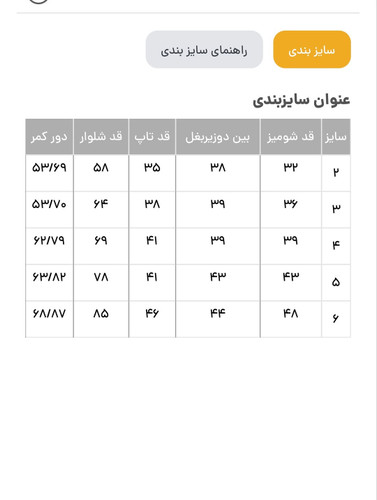 جدول سایز بندی بچه گانه